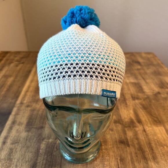 Subaru Official Gear Acrylic Knit Pom Beanie Hat Cream Blue Unisex One Size - Picture 3 of 7